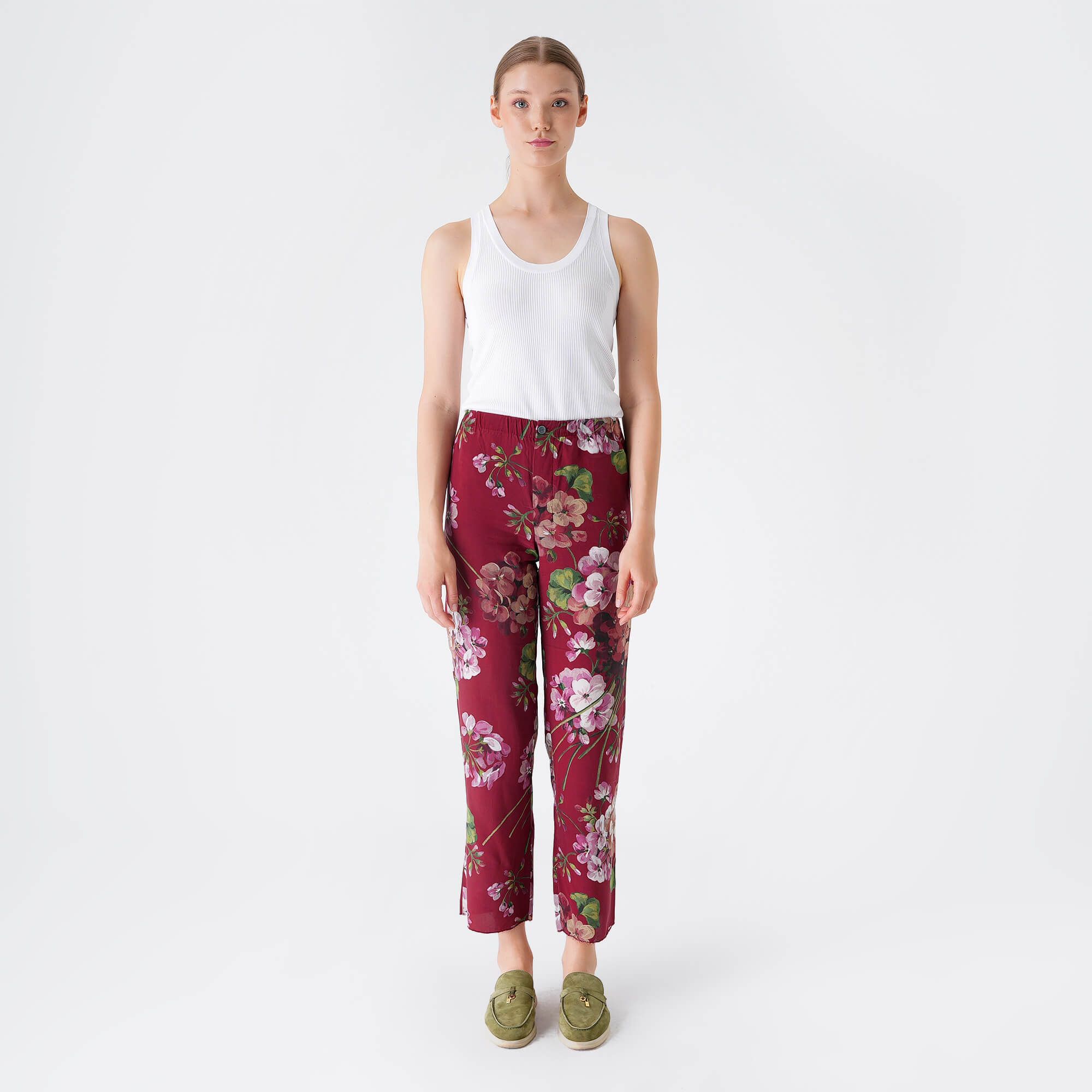 Gucci - Burgundy Floral Print Silk Pants